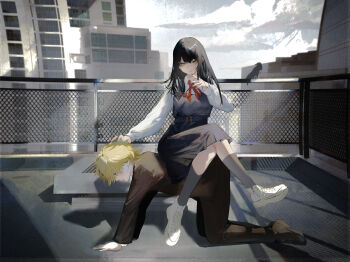 1boy 1girl absurdres all_fours bird black_dress black_hair black_jacket black_pants black_socks building chainsaw_man commentary_request cross_scar crossed_legs crow denji_(chainsaw_man) dress fingernails full_body gakuran highres human_chair human_furniture ivdimension jacket kneehighs light_smile long_hair long_sleeves looking_at_viewer nail_polish neck_ribbon pants pinafore_dress railing red_ribbon ribbon rooftop scar scar_on_face school_uniform shirt shoes sitting sitting_on_person sleeveless sleeveless_dress sneakers socks straight_hair white_shirt white_shoes yoru_(chainsaw_man)