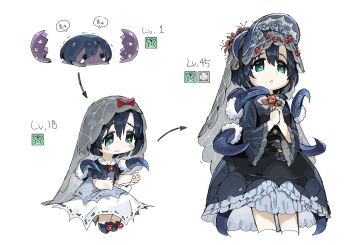 1girl aqua_eyes arthropod_girl black_dress blue_hair bonnet bow brooch brown_nails cropped_legs dress egg evolution flower frilled_dress frills gothic_lolita grey_dress hatching highres idolmaster idolmaster_cinderella_girls insect_girl jewelry level_up lolita_fashion long_sleeves multiple_views own_hands_together shiragiku_hotaru silk simple_background spawnfoxy speech_bubble spider_girl spider_web veil white_background wide_sleeves