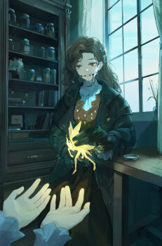 Rule 34 | 1girl, 1other, \||/, absurdres, ali shanshandian, black coat, black gloves, book, bottle, braces, brown eyes, brown hair, clenched teeth, coat, creature, dress, fairy, flower, giving, gloves, glowing, highres, holding, holding creature, improvised vase, in container, in jar, indoors, jar, jewelry, long hair, looking at viewer, necklace, outstretched hand, pov, pov hands, red dress, redrawn, reverse:1999, shelf, shirt, sidelighting, solo focus, table, teeth, tooth fairy (reverse:1999), tooth necklace, watermark, weibo watermark, white shirt, window, yellow flower