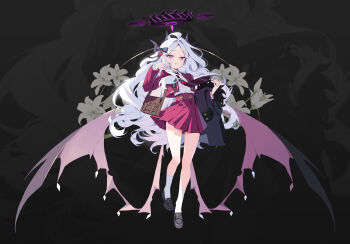 1girl absurdres ahoge bag black_background black_bow black_coat black_halo black_horns blue_archive blush bow breasts brown_bag coat collared_shirt demon_girl demon_horns demon_wings flower full_body hair_bow hair_ornament halo highres hina_(blue_archive) holding holding_unworn_clothes horns jacket loafers long_hair looking_at_viewer low_wings multiple_horns necktie open_mouth parted_bangs pleated_skirt purple_eyes purple_halo purple_wings red_jacket red_necktie red_skirt shirt shoes shoulder_bag skirt small_breasts socks solo striped_clothes striped_necktie unworn_coat white_flower white_hair white_shirt white_socks wings yotte zoom_layer