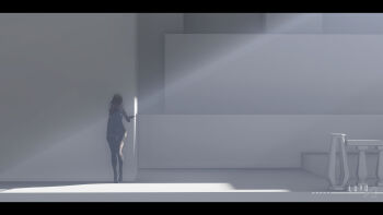 1girl 3d a2_(nier:automata) absurdres against_wall android artist_name bare_shoulders black_gloves breasts covered_eyes day elbow_gloves full_body gloves highres joints leaning_on_object light_rays long_hair luyonet medium_breasts nier:automata nier_(series) railing robot_joints scenery shorts solo standing sunbeam sunlight thighhighs white_hair white_theme yorha