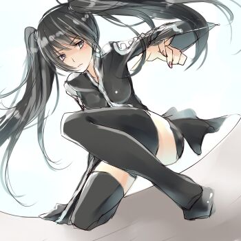 1girl ayuteisyoku black_hair black_jacket black_order_uniform black_shoes black_shorts black_skirt black_thighhighs blush breasts cross d.gray-man facing_viewer fighting_stance floating_clothes floating_hair front_zipper frown grey_background grey_eyes hair_between_eyes hand_on_ground highres jacket legs lenalee_lee long_hair long_sleeves looking_to_the_side medium_breasts miniskirt on_one_knee parted_bangs shoes shorts sidelocks sketch skirt solo squatting striped_clothes striped_jacket thighhighs thighs twintails two-tone_background vertical-striped_clothes vertical-striped_jacket very_long_hair white_background wide_sleeves zettai_ryouiki zipper