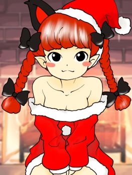 1girl animal_ears black_bow blurry blurry_background blush_stickers bow braid breasts cat_ears cleavage closed_mouth collarbone edwardmidori extra_ears fireplace hair_bow hat indoors kaenbyou_rin looking_at_viewer off_shoulder pointy_ears pom_pom_(clothes) red_hair santa_costume santa_hat side_braids solo touhou twin_braids
