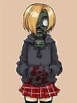 10s 1girl black_thighhighs blonde_hair female_focus gas_mask hair_over_one_eye hands_in_pockets hood hoodie idolmaster idolmaster_cinderella_girls long_sleeves looking_at_viewer mask ofuro_mantarou pale_skin pleated_skirt shirasaka_koume short_hair simple_background sketch skirt sleeves_past_wrists solo sweater thighhighs