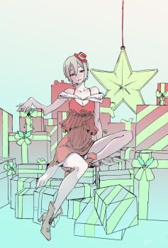 Rule 34 | 1girl, alternate costume, ankle boots, blue background, boots, box, brown eyes, commentary request, eyelashes, female focus, full body, fur trim, gift, gradient background, grey hair, hat, high heels, highres, holding, holding plant, holly, idolmaster, idolmaster cinderella girls, legs, limited palette, looking at viewer, mini hat, petticoat, plant, red boots, ribbon, shiomi syuko, sitting on own leg, slip showing, solo, star (symbol), watanuki hiroya