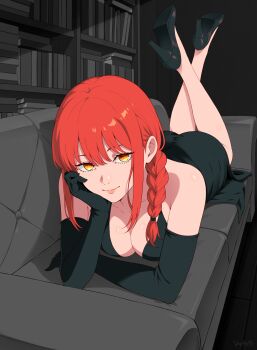 1girl absurdres black_dress black_gloves bookshelf braid breasts chainsaw_man closed_mouth couch dress elbow_gloves feet_up gloves high_heels highres looking_at_viewer lying makima_(chainsaw_man) medium_breasts on_couch on_stomach red_hair sidelocks solo stayaliveplz the_pose yellow_eyes