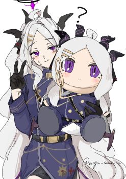 1girl absurdres ahoge belt black_belt black_gloves black_halo blue_archive commentary_request demon_girl demon_horns demon_wings gloves halo highres hina_(blue_archive) horns long_hair looking_at_viewer low_wings mogu_saurusu purple_eyes simple_background solo stuffed_toy v very_long_hair white_background white_hair wings