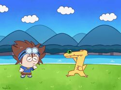 agumon animated claws cloud dancing digimon digimon_(creature) digimon_adventure grass green_eyes looking_at_another meme mountain reptile sharp_teeth sky tail teeth video what yagami_taichi