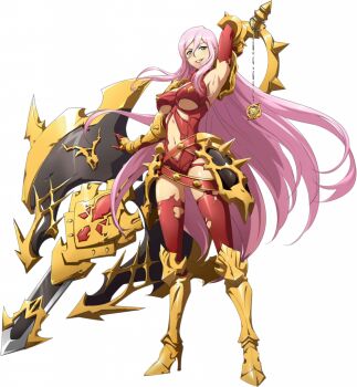 1girl arm_behind_back arm_up armor armored_boots armpits axe belt boots breasts cleavage_cutout clothing_cutout elbow_gloves floating_hair full_body game_cg gloves gold_armor gold_boots gold_spikes green_eyes grin hair_between_eyes high_heel_boots high_heels hilda_(langrisser) holding holding_sword holding_weapon huge_weapon langrisser langrisser_mobile langrisser_re:incarnation large_breasts leotard long_hair looking_at_viewer navel navel_cutout official_art open_mouth pink_hair red_gloves red_leotard red_straps red_thighhighs shoulder_armor sidelocks smile solo spikes standing strap sword tachi-e tassets thigh_armor thighhighs third-party_source torn_clothes torn_gloves torn_thighhighs transparent_background underboob vambraces very_long_hair weapon weapon_combination
