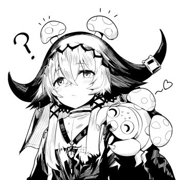 1girl :&lt; ? animal_ears arknights blush closed_mouth cow_ears cow_girl cow_horns creature creature_on_shoulder crossover edobox gen_1_pokemon greyscale heart horns monochrome mushroom_on_head name_connection nintendo on_shoulder pallas_(arknights) paras pokemon pokemon_(creature) short_hair_with_long_locks sidelocks simple_background upper_body veil white_background