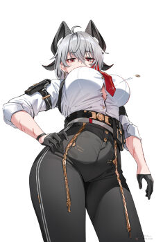 1girl ahoge black_gloves black_horns black_pants breasts button_gap chest_harness commentary cowboy_shot curled_horns derivative_work earrings english_commentary flying_button foxyreine from_below gloves grey_hair hair_between_eyes half_gloves hand_on_own_hip harness high-waist_pants highres horns jewelry large_breasts looking_at_viewer looking_down mole mole_under_eye multicolored_hair necktie pants popped_button red_eyes red_necktie scar scar_on_arm shirt signature simple_background solo standing streaked_hair textless_version tight_clothes tight_pants underboob wardrobe_malfunction watermark web_address white_background white_shirt wuthering_waves zani_(wuthering_waves)