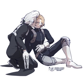2boys absurdres belt black_coat blonde_hair boots claw_(weapon) closed_eyes coat dr._stone facial_mark gloves hair_slicked_back highres holding kiss knee_pads knife long_sleeves male_focus mitsuru_(aica_hikari) multiple_boys on_one_knee scar short_hair simple_background sitting stanley_snyder_(dr.stone) trench_coat weapon white_background white_gloves white_hair xeno_(dr.stone) yaoi zipper