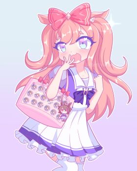 1girl absurdres agnes_digital_(umamusume) agnes_tachyon_(umamusume) animal_ears bag bag_charm blue_eyes blush bow bowtie breasts buttons charm_(object) drooling hair_bow hair_ornament highres holding holding_bag horse_ears horse_girl horse_tail long_hair looking_at_viewer mouth_drool open_mouth pink_hair puffy_short_sleeves puffy_sleeves purple_bow purple_bowtie purple_shirt sailor_collar sailor_shirt school_uniform shirt short_sleeves shoulder_bag skirt smile solo sparkle tail tettyarts thighhighs tracen_school_uniform umamusume white_sailor_collar white_skirt white_thighhighs