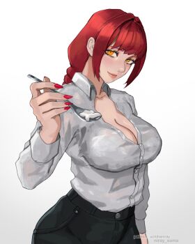 1girl artist_name black_pants breasts chainsaw_man cleavage closed_mouth collared_shirt commentary cowboy_shot english_commentary fingernails grey_shirt highres holding holding_spoon incoming_food large_breasts lips long_sleeves looking_at_viewer makima_(chainsaw_man) medium_hair nail_polish nose orange_eyes pants red_hair red_nails ringed_eyes shirt shirt_tucked_in simple_background smile solo spoon uchihaniray white_background