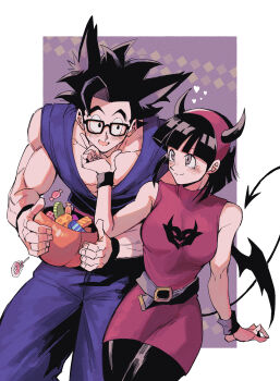 Rule 34 | 1boy, 1girl, absurdres, animal ear fluff, animal ears, bare shoulders, belt, black belt, black hair, black pantyhose, blue dougi, blue pants, blunt bangs, breasts, candy, couple, cowboy shot, demon costume, demon horns, demon tail, dragon ball, dress, fake horns, food, glasses, grey eyes, hairband, halloween bucket, halloween costume, hand on another's chin, hetero, highres, horn hairband, horns, kemonomimi mode, living (nsiring), lollipop, looking at another, medium breasts, muscular, muscular male, nervous smile, open mouth, pants, pantyhose, pink dress, purple background, smile, son gohan, spiked hair, sweatdrop, tail, videl, werewolf costume, white background, wolf ears, wrapped candy, wristband