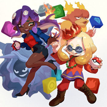 Rule 34 | + +, 2girls, ass, blaine (pokemon), blaine (pokemon) (cosplay), boots, breasts, cloyster, cosplay, crossover, dark-skinned female, dark skin, gem, gen 1 pokemon, glasses, heart, high heels, highres, inkling, jacket, large breasts, leaf, long sleeves, lorelei (pokemon), lorelei (pokemon) (cosplay), magmar, marina (splatoon), multiple girls, nintendo, octoling, panel de pon, pants, pearl (gemstone), pearl (splatoon), poke ball, pokemon, pokemon (anime), pokemon (classic anime), skirt, splatoon (series), stup-jam