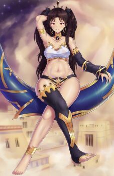 Rule 34 | 1girl, absurdres, arm warmers, armlet, asymmetrical legwear, asymmetrical sleeves, bare shoulders, black hair, breasts, commentary, detached sleeves, earrings, fate/grand order, fate (series), hair ribbon, heavenly boat maanna, highres, hoop earrings, ishtar (fate), jewelry, long hair, long legs, looking at viewer, medium breasts, navel, neck ring, parted bangs, red eyes, ribbon, single arm warmer, single detached sleeve, single thighhigh, smile, thighhighs, tiara, two side up, uneven legwear, warmcummies