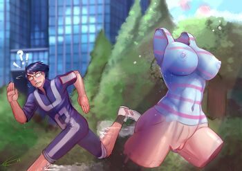 1boy 1girl absurdres blurry blush bodypaint boku_no_hero_academia breasts building depth_of_field eltonel exercising hagakure_toru highres iida_tenya invisible large_breasts nipples outdoors painted_clothes pussy running sweat tree uncensored