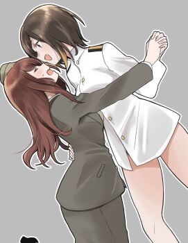 2girls black_eyes black_hair buttons captain_ishida grace_maitland_steward green_jacket green_skirt grey_background hat highres holding_hands hug jacket long_hair looking_at_another luminous_witches military_hat multiple_girls no_pants okeke_power_nishiko open_mouth red_hair short_hair simple_background skirt standing sweat white_jacket world_witches_series yuri