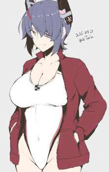 1girl alternate_costume artist_name breasts cleavage covered_navel cowboy_shot dated eyepatch grey_background hands_in_pockets highleg highleg_one-piece_swimsuit highres jacket kantai_collection large_breasts looking_at_viewer one-hour_drawing_challenge one-piece_swimsuit purple_hair red_jacket short_hair simple_background smile solo swimsuit taira_yuuki tenryuu_(kancolle) tenryuu_kai_ni_(kancolle) white_one-piece_swimsuit yellow_eyes