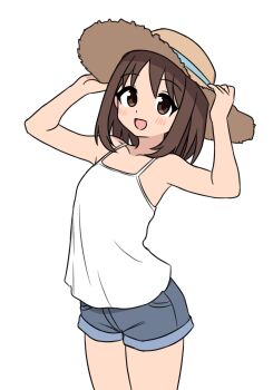 Rule 34 | 1girl, 64vii, :d, absurdres, adjusting clothes, adjusting headwear, alternate costume, azumanga daiou, blush stickers, brown eyes, brown hair, cowboy shot, dress, flat chest, hand up, hat, highres, kasuga ayumu, looking at viewer, medium hair, open mouth, short shorts, shorts, simple background, sleeveless, sleeveless dress, smile, solo, solo focus, straw hat, sundress, thick eyelashes, thighs, upper body, white background, white dress