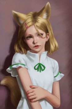 1girl adapted_costume against_wall animal_ear_fluff animal_ears arm_under_breasts blonde_hair breasts brown_eyes commentary drop_shadow english_commentary extra_ears eyeliner fox_ears fox_tail frills gradient_background green_ribbon hair_behind_ear hair_ornament hair_over_shoulder hairpin hand_on_own_arm head_tilt high_collar highres kudamaki_tsukasa looking_at_viewer makeup medium_hair nail_polish parted_lips pink_nails purple_background realistic ribbon self-upload short_eyebrows short_sleeves shoulder_tilt simple_background small_breasts solo tail teeth touhou upper_body yyf_(seaknight)