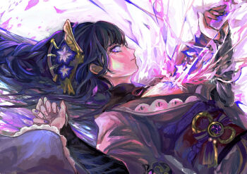 2girls blunt_bangs breasts bridal_gauntlets cleavage closed_mouth commentary drawing_sword electricity female_pov from_side genshin_impact glowing glowing_sword glowing_weapon hair_ornament holding holding_hands holding_sword holding_weapon human_scabbard japanese_clothes kimono long_hair looking_to_the_side lying makoto_(genshin_impact) mole mole_under_eye multicolored_hair multiple_girls musou_isshin_(genshin_impact) neck_ribbon off_shoulder on_back pov pov_hands purple_eyes purple_hair purple_kimono purple_nails raiden_shogun red_ribbon red_sash ribbon sash shade shiramigame siblings sitting sketch solo_focus streaked_hair sword sword_between_breasts twins weapon wide_sleeves