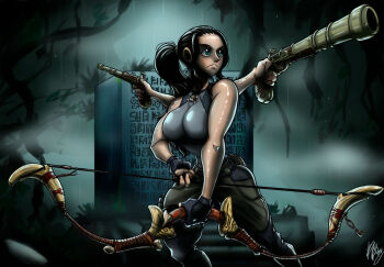 1girl abs alternate_costume alternate_hairstyle antique_firearm bare_shoulders belt black_hair blue_eyes bow breasts clothing_cutout cosplay crossdressing crossdressing_(ftm) crossover extra_arms female_focus firearm firelock flintlock frilled_thigh_strap gloves gun hana_hana_no_mi handgun jungle lara_croft lara_croft_(cosplay) large_breasts long_hair looking_to_the_side nature nico_robin one_piece pistol rope serious shirt shorts sideboob sleeveless sleeveless_shirt swimsuit tank_top thick_thighs thigh_strap thighs tomb_raider tomb_raider_(reboot) weapon