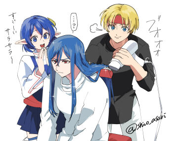 Rule 34 | 1girl, 2boys, blonde hair, blue eyes, blue hair, blue skirt, claude c. kenny, closed mouth, crescent, crescent hair ornament, dias flac, hair dryer, hair ornament, highres, long hair, multiple boys, open mouth, pointy ears, rena lanford, shiohi, short hair, simple background, skirt, smile, star ocean, star ocean: the second story, thighhighs, white background