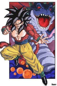 1boy absurdres black_hair black_smoke_shenron blue_sash body_fur dougi dragon dragon_ball dragon_ball_(object) dragon_ball_gt eastern_dragon highres horns long_hair looking_at_viewer male_focus monkey_boy monkey_tail muscular muscular_male no_nipples open_mouth pants pectorals red_eyes red_fur ruemr03190_0 saiyan sash sharp_teeth son_goku spiked_hair super_saiyan super_saiyan_4 tail teeth tongue whiskers yellow_pants