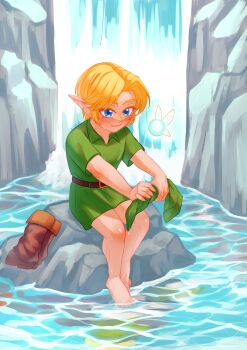 bare_legs barefoot blonde_hair blue_eyes blush boots child fairy feet hat legs link navi nemoraa nintendo pointy_ears rock shota sitting smile the_legend_of_zelda the_legend_of_zelda:_ocarina_of_time toes tunic water waterfall young_link