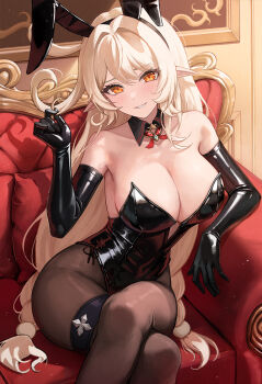 1girl alice_(genshin_impact) alternate_costume animal_ear_hairband animal_ears bare_shoulders black_gloves black_leotard black_pantyhose blonde_hair blush breasts commentary couch crossed_legs detached_collar elbow_gloves fake_animal_ears genshin_impact gloves hairband large_breasts leotard looking_at_viewer mookyuu9 on_couch open_mouth orange_eyes pantyhose parted_lips playboy_bunny playing_with_own_hair pointy_ears rabbit_ear_hairband rabbit_ears revision sitting smile solo strapless strapless_leotard