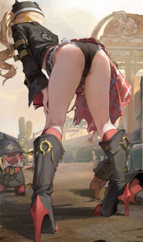 2girls absurdres ass black_boots black_helmet black_jacket black_shorts blonde_hair boots cactus combat_helmet commentary crotch_seam from_behind fur-trimmed_shorts fur_trim helmet high_heel_boots high_heels highres jacket knee_boots kneehighs leaning_forward leviathan_(hikinito0902) long_hair luciana_de_montefio micro_shorts multiple_girls no_gloves outdoors partially_visible_vulva pickelhaube red_socks shorts side_ponytail socks solo_focus thick_thighs thighs zenless_zone_zero