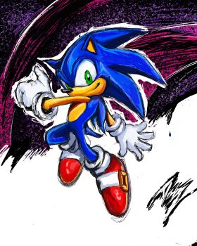 animal_ears animal_focus animal_nose copyright_name furry furry_male gloves graffiti green_eyes grin hedgehog_boy highres male_focus non-web_source purple_background red_shoes shoes smile sonic_(series) sonic_adventure_2 sonic_the_hedgehog stilldenz white_gloves