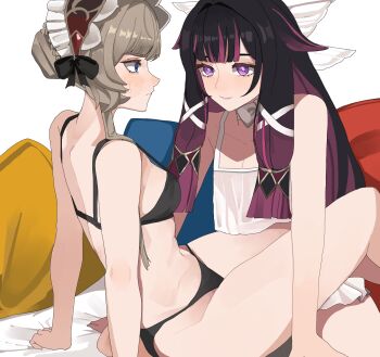 2girls black_bra black_hair black_panties blue_eyes blush bonnet bra camisole capkal columbina_(genshin_impact) commentary_request genshin_impact grey_hair highres multiple_girls on_bed panties purple_eyes purple_hair sandrone_(genshin_impact) simple_background smile sweat underwear underwear_only unusually_open_eyes white_background white_camisole yuri