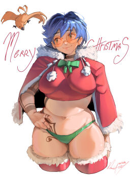 1girl animal arm_tattoo bikini bikini_bottom_only bird blue_hair bow bowtie breasts capelet christmas commentary dated english_commentary fur-trimmed_capelet fur-trimmed_sleeves fur-trimmed_thighhighs fur_trim green_bikini green_bow green_bowtie hand_on_own_hip highres kuro_alves large_breasts looking_to_the_side navel orange-tinted_eyewear original pom_pom_(clothes) red_capelet red_thighhighs round_eyewear short_hair signature simple_background smile solo stomach_tattoo swimsuit tattoo thighhighs tinted_eyewear white_background