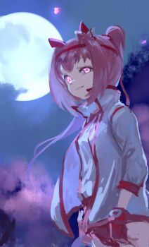 1girl animal_ears bow buruma ear_bow ear_covers fingerless_gloves flower-shaped_pupils flower_in_eye full_moon gloves hairband haru_urara_(bestest_prize)_(umamusume) haru_urara_(umamusume) headband highres horse_ears horse_girl inishie_kumo jacket long_hair moon night night_sky outdoors petals pink_buruma pink_eyes pink_hair pink_headband ponytail red_buruma red_gloves red_headband shirt sky smile solo symbol-shaped_pupils symbol_in_eye umamusume white_jacket white_shirt