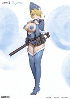 1girl absurdres blonde_hair blue_eyes blue_gloves blue_thighhighs bow breasts elbow_gloves girls'_frontline gloves gradient_eyes gun hair_over_one_eye high_heels highres j_adsen large_breasts long_hair medium_breasts multicolored_eyes pasties ribbon short_hair thighhighs vsk-94_(girls'_frontline) weapon