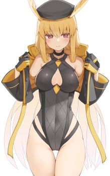1girl absurdres beret black_gloves black_hat black_jacket black_one-piece_swimsuit blonde_hair blush breasts choker cleavage cleavage_cutout clothing_cutout fate/grand_order fate_(series) gloves hat head_wings highleg highleg_one-piece_swimsuit highres hood hooded_jacket jacket kopaka_(karda_nui) large_breasts long_hair long_sleeves looking_at_viewer one-piece_swimsuit open_clothes open_jacket red_eyes sidelocks solo swimsuit thighs thrud_(fate) thrud_(swimsuit_assassin)_(fate) valkyrie_(fate) white_background wings