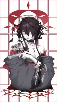 1girl absurdres blue_archive closed_eyes eyeliner goth_fashion grey_kimono halo highres japanese_clothes kimono kokuriko_(blue_archive) makeup opera_glasses red_eyeliner red_halo red_lips solo spider_web_pattern upper_body yukinaga_(eruserion)