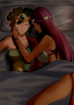 2girls absurdres bed bedroom candlelight dark-skinned_female dark_skin dragon_quest dragon_quest_iv green_hair gypsy heroine_(dq4) highres interracial long_hair manya_(dq4) multiple_girls night purple_hair sleeping square_enix winterkitsune yuri