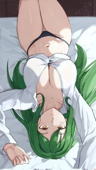 1girl akihitoevon black_panties breasts brown_eyes cleavage collared_shirt crusch_karsten dress_shirt green_hair highres long_hair long_sleeves looking_at_viewer lying navel no_bra on_back on_bed open_clothes open_shirt panties parted_lips re:zero_kara_hajimeru_isekai_seikatsu shirt solo stomach twitter_username underwear upside-down very_long_hair white_shirt wing_collar