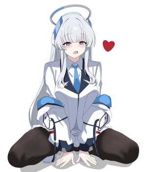 Rule 34 | 1girl, absurdres, black pantyhose, blue archive, blue necktie, blush, choon sik2, halo, hashtag-only commentary, heart, highres, long hair, looking at viewer, mechanical halo, necktie, noa (blue archive), open mouth, pantyhose, purple eyes, shirt, solo, squatting, white hair, white halo, white shirt