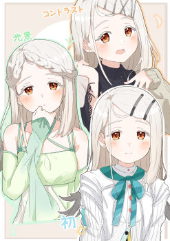 1girl absurdres black_shirt blush braid braided_bangs breasts closed_mouth collarbone collared_shirt commentary_request contrast_(idolmaster) criss-cross_halter crown_braid detached_sleeves dress earrings flipped_hair gakuen_idolmaster gradient_hair green_dress green_ribbon green_sleeves grey_hair hair_ornament hairclip hajime_(idolmaster) halter_dress halterneck hand_on_own_chest hand_to_own_mouth highres idolmaster jewelry koukei_(idolmaster) lace-trimmed_sleeves lace_trim long_hair long_sleeves looking_at_viewer multicolored_hair multiple_views neck_ribbon open_mouth orange_eyes parallel_hairclips raichita ribbon shinosawa_hiro shirt small_breasts smile song_name stud_earrings swept_bangs upper_body white_shirt x_hair_ornament