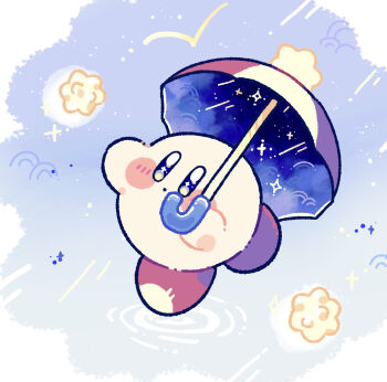 :o arm_up black_eyes blush_stickers bright_pupils commentary_request harukui holding holding_umbrella kirby kirby_(series) nintendo no_humans outdoors parasol_kirby rain sparkle sparkling_eyes standing standing_on_one_leg star_(sky) umbrella white_pupils
