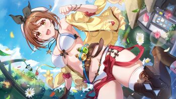 1girl :d absurdres atelier_(series) atelier_ryza bare_shoulders black_bow bow bra brown_hair falling_petals foot_out_of_frame hair_bow hand_up high_heels highres light_blush open_mouth outdoors panties petals reisalin_stout running shenqi_xiao_hong_zai_nali shirt short_hair smile solo teeth thighhighs underwear upper_teeth_only village white_bra white_panties white_thighhighs yellow_shirt