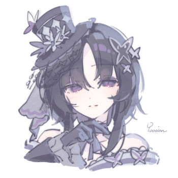 Rule 34 | 1girl, artist name, bare shoulders, black gloves, black hair, black hat, butterfly hair ornament, closed mouth, gloves, hair ornament, hand up, hat, housho margo, japanese clothes, lolita fashion, looking at viewer, mahou shoujo no majo saiban, parted bangs, purple eyes, qoooinn, short hair, simple background, solo, top hat, upper body, wa lolita, white background