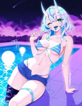 1girl artist_name bikini black_thighhighs blue_bikini blue_eyes blue_hair blue_nails blue_shorts blue_tongue breasts clip_studio_paint_(medium) colored_inner_hair colored_tongue drowsenss facial_mark gills grey_hair heart heart_o-ring highres mole mole_on_breast mole_on_shoulder multicolored_hair multiple_moles nail_polish navel night o-ring o-ring_thigh_strap one_eye_closed open_fly original pointy_ears pool pool_ladder poolside sharp_teeth shooting_star short_shorts shorts single_thighhigh sky solo strap_pull striped_bikini striped_clothes swimsuit teeth thigh_strap thighhighs whisker_markings