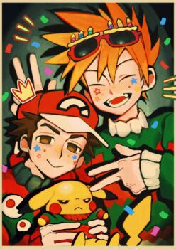 Rule 34 | 2boys, :>, :<, :d, annoyed, baseball cap, blue oak, brown eyes, brown hair, christmas, christmas sweater, closed eyes, commentary request, confetti, double v, eyewear on head, fake photograph, gen 1 pokemon, green sweater, hat, holding, holding pokemon, mewnar, multicolored sweater, multiple boys, nintendo, open mouth, orange hair, pikachu, pokemon, pokemon (creature), pokemon masters ex, red (pokemon), red hat, red sweater, smile, spiked hair, star (symbol), star sticker, sticker, sticker on face, sweater, v