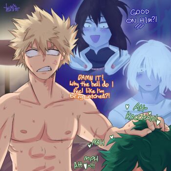 1girl 3boys abs anger_vein angry bakudeku bakugou_katsuki bedroom blank_eyes blonde_hair blush boku_no_hero_academia bones_(company) grabbing_another&#039;s_hair green_hair highres holding_another&#039;s_hair implied_fellatio izukur0t137 male_focus midoriya_izuku moaning multiple_boys muscular nipples nude out-of-frame_censoring pectorals sex shigaraki_yoichi shimura_nana shounen_jump surprised sweat upper_body very_sweaty yaoi
